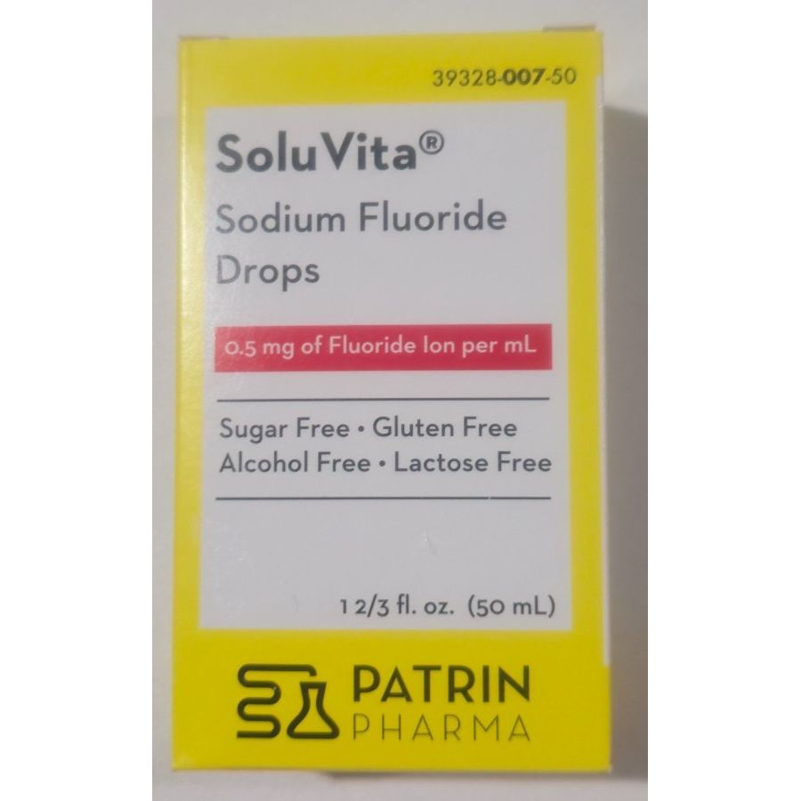Sodium Fluoride 0.5 mg drops in a clear bottle, gluten and lactose free, suitable for sugar and sweetener use, 1-2/3 oz.