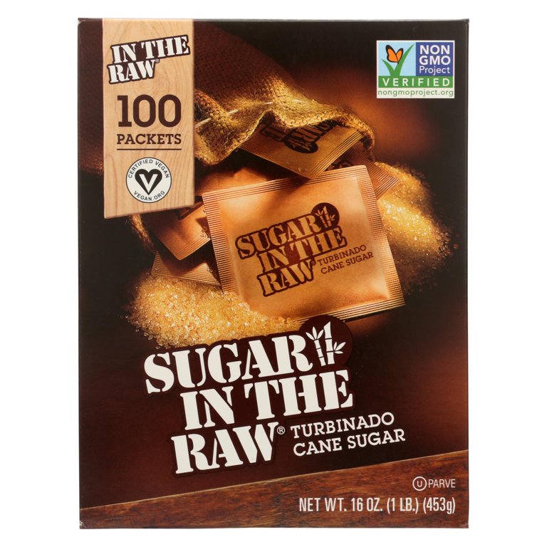 Packets of Sugar In The Raw natural cane sugar from Pasteur Pharmacy, shown in a case of 8 packs with 100 packets total.