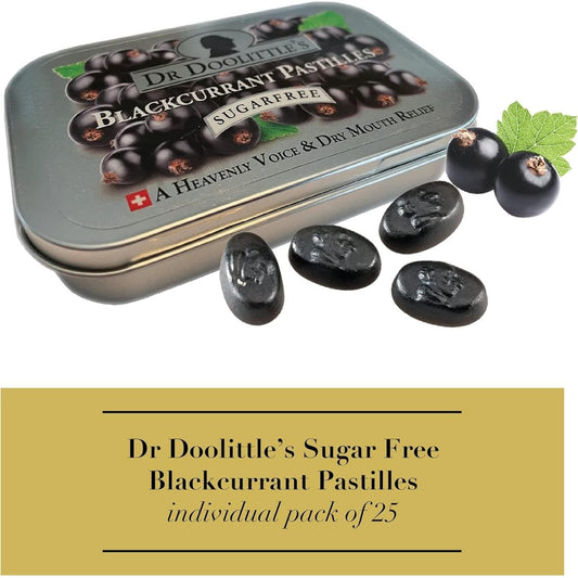 Blackcurrant sugarfree pastilles by Dr Doolittle, 25 count, 60g, from Pasteur Pharmacy, shown in a close-up image.