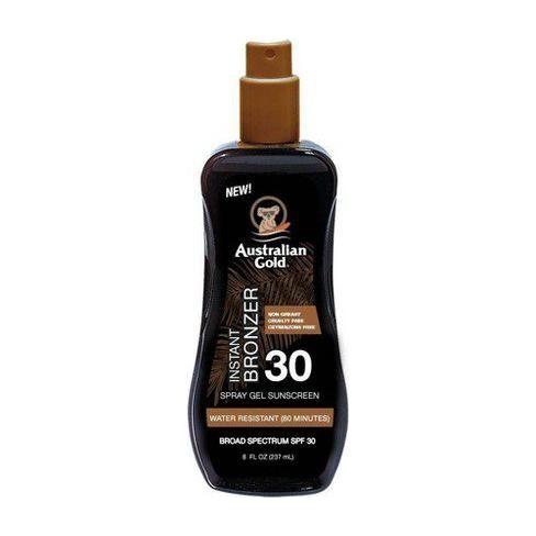 Australian Gold SPF 30 spray gel with bronzer in 8 oz bottle, sunscreen product from Pasteur Pharmacy.