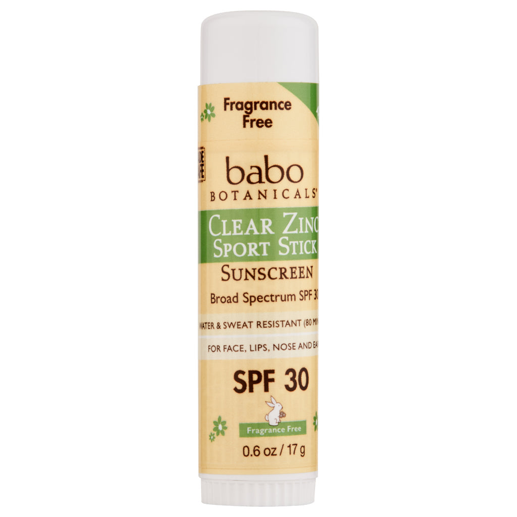 Babo Botanicals SPF 30 Clear Zinc Sport Stick Sunscreen, fragrance-free, with a white stick applicator and blue cap.