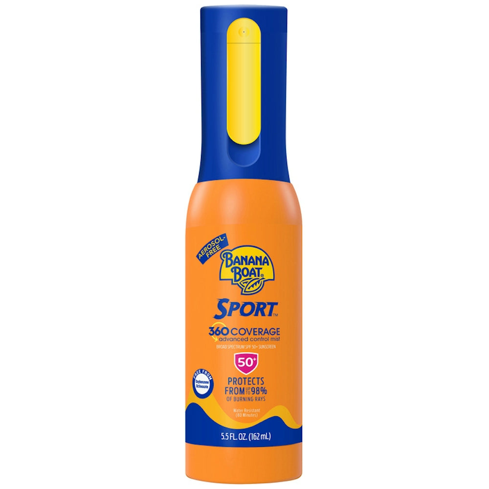 Banana Boat Sport 360 Coverage SPF 50 sunscreen spray in 5.5 fl oz bottle, advanced control mist for effective sun protection.