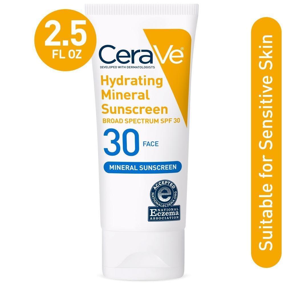 CeraVe Hydrating Mineral Face Sunscreen Lotion SPF 30 in 2.5oz tube, moisturizing mineral sunscreen for face by Pasteur Pharmacy