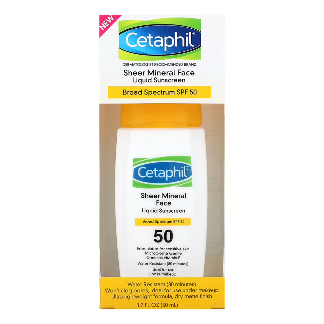 Cetaphil Sheer Mineral Liquid Face Sunscreen SPF 50 in 1.7 fl oz bottle, providing broad-spectrum sun protection for the face.