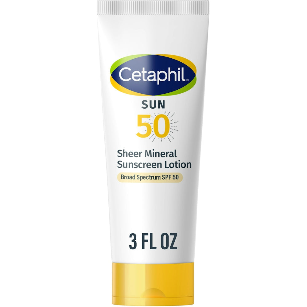 Cetaphil Sun Broad Spectrum SPF 50 Sheer Mineral Sunscreen in a 3 oz tube, designed for face and body protection from sun damage