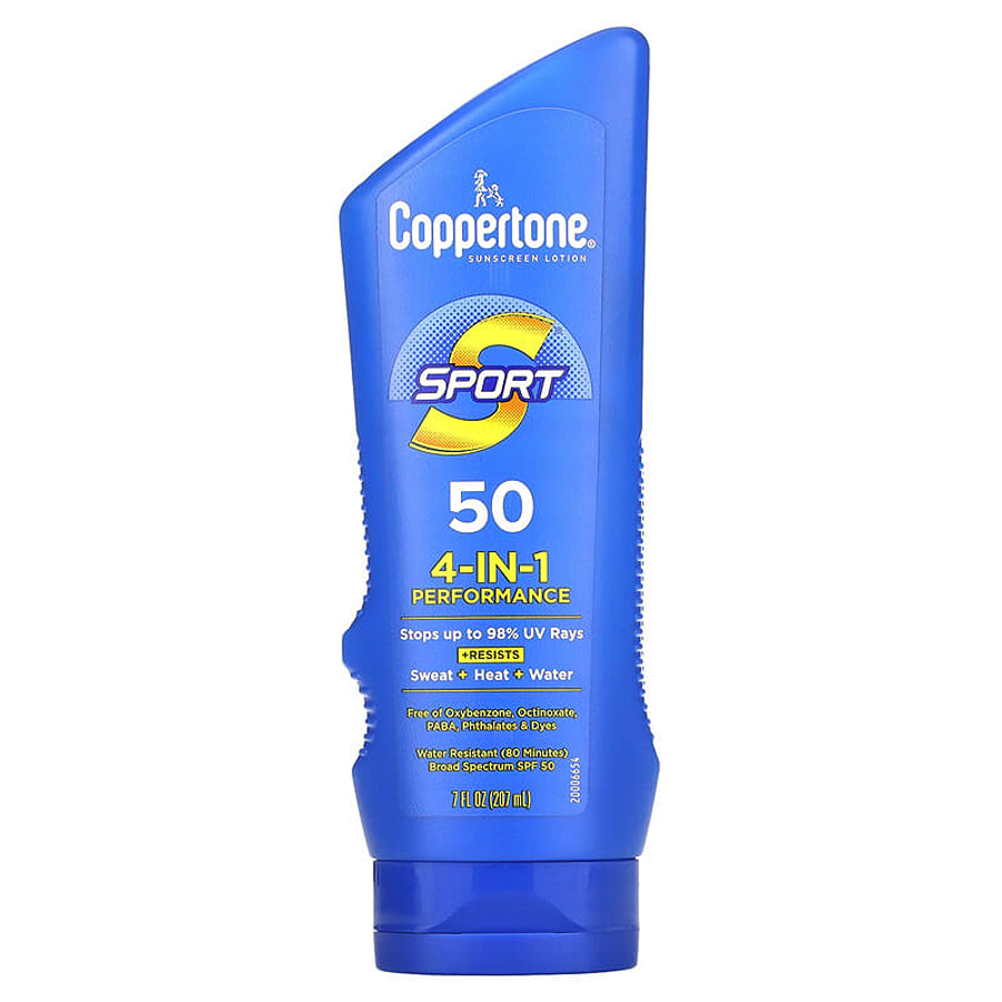 Coppertone Sport Broad Spectrum SPF 50 sunscreen lotion in 7 fl oz bottle, ideal for outdoor activities and sun protection