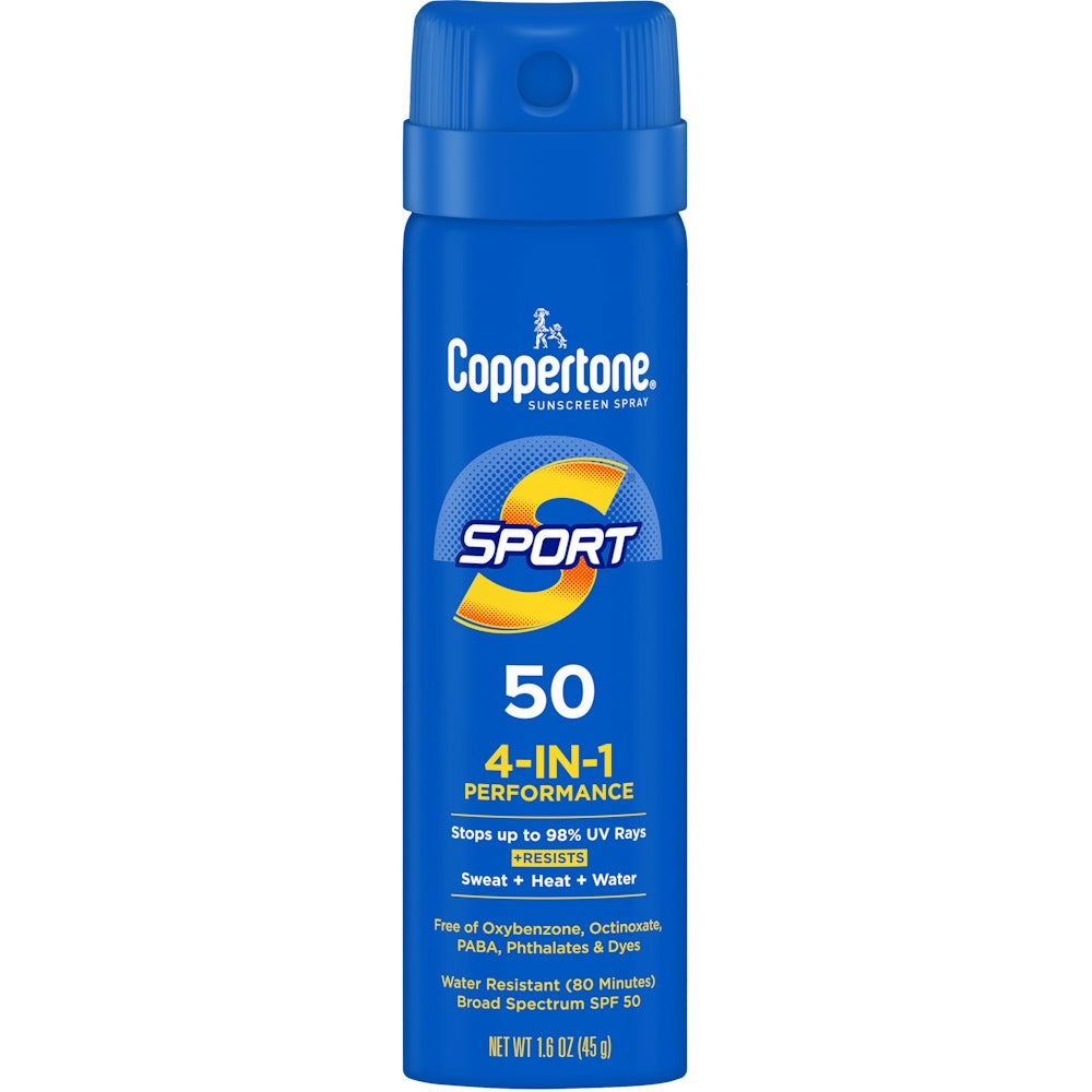 Coppertone Sport SPF 50 spray sunscreen in a 1.6 oz bottle, designed for outdoor sun protection, by Pasteur Pharmacy.