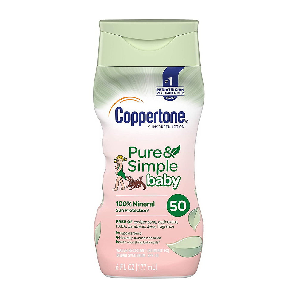 Coppertone Baby Sunscreen Lotion SPF 50 bottle with white cap and blue label, designed for gentle protection for infants.