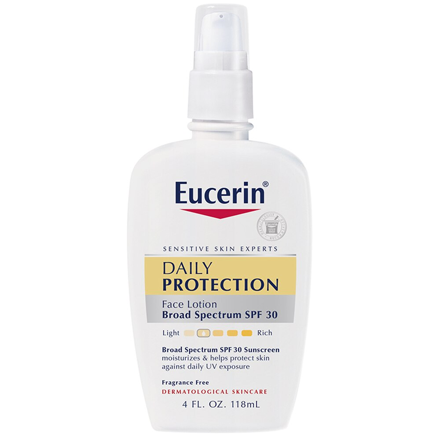 Eucerin Daily Protection SPF 30 broad spectrum face sunscreen lotion in 4 oz bottle, providing daily skin protection