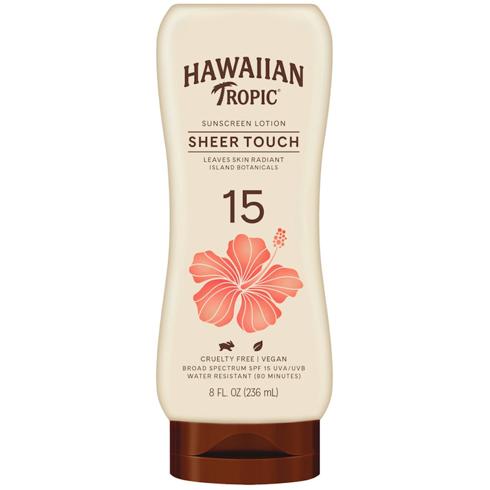 Hawaiian Tropic Sheer Touch Sunscreen SPF 15 in a 8 oz bottle, broad spectrum sun protection, designed for face and body.