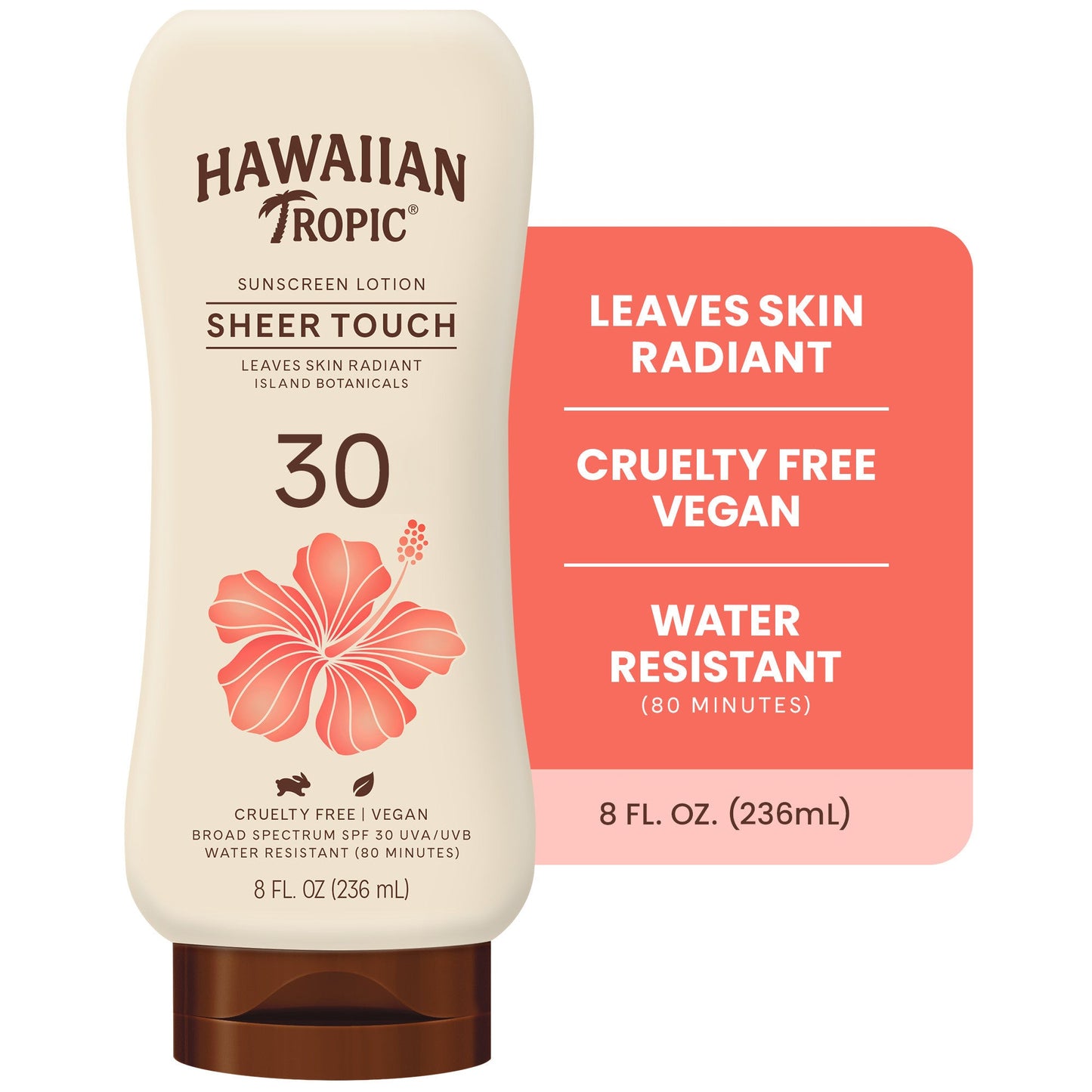 Hawaiian Tropic Sheer Touch Ultra Radiance Sunscreen lotion SPF 30 in an 8 Fl Oz bottle, with a tropical-themed label.