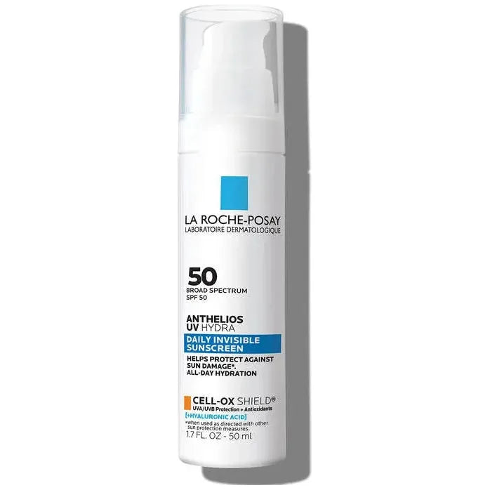 La Roche-Posay Anthelios UV Hydra Daily Invisible Sunscreen SPF 50 1.7oz, a lightweight, broad-spectrum facial sunscreen.