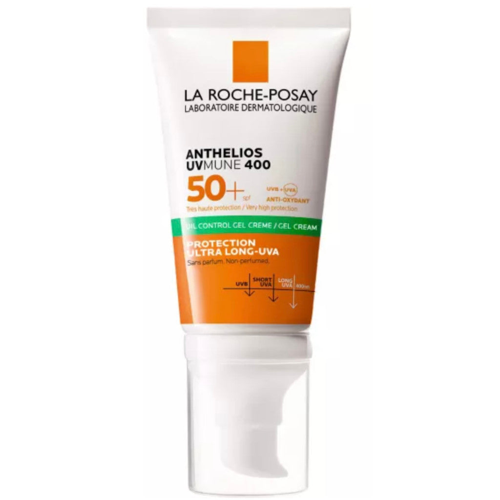 La Roche-Posay Anthelios UVMune 400 Oil Control Gel-Cream SPF50+ in 50ml, sunscreen with oil control formula and broad-spectrum protection.