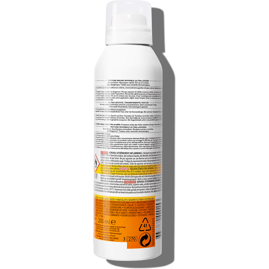 La Roche-Posay Anthelios XL Invisible Mist SPF 50 ultra-light sunscreen in a 6.7 oz spray bottle, photographed against a white background.