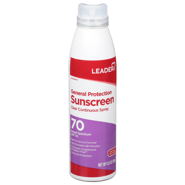Leader General Protection SPF 70 clear sunscreen spray by Pasteur Pharmacy, 5.5 oz bottle, showing the spray nozzle and label.