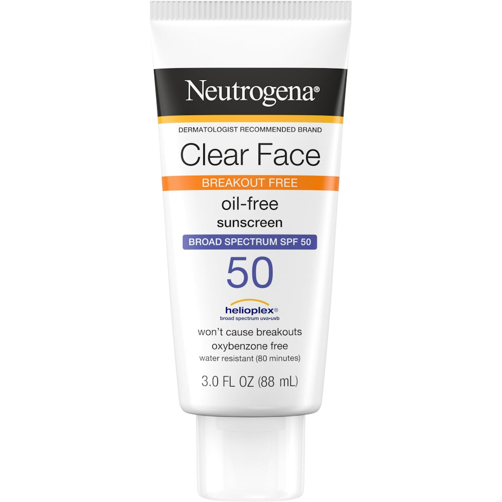 Neutrogena Oil-Free Clear Face Sunscreen Broad Spectrum SPF 50 in 3 fl oz bottle, providing lightweight sun protection