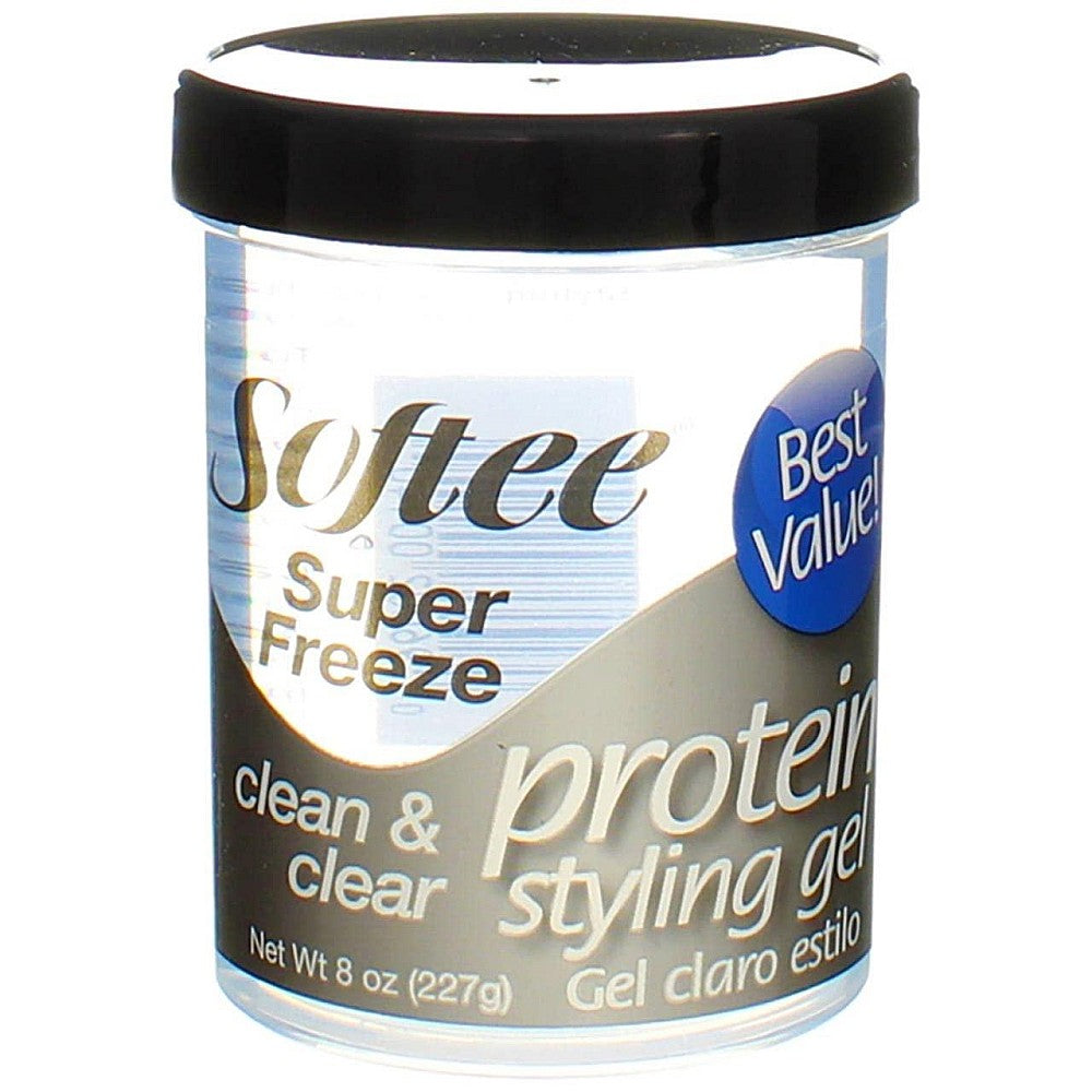 Softee® Super Freeze Protein Styling Gel in an 8 oz clear container, featuring the product label and brand logo.
