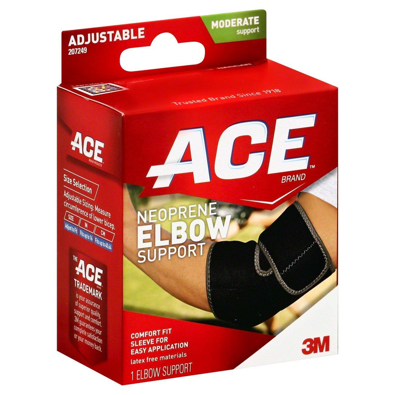 Ace Brand Neoprene Elbow Support brace, adjustable and one size, with padded interior and open elbow design for support and comfort.