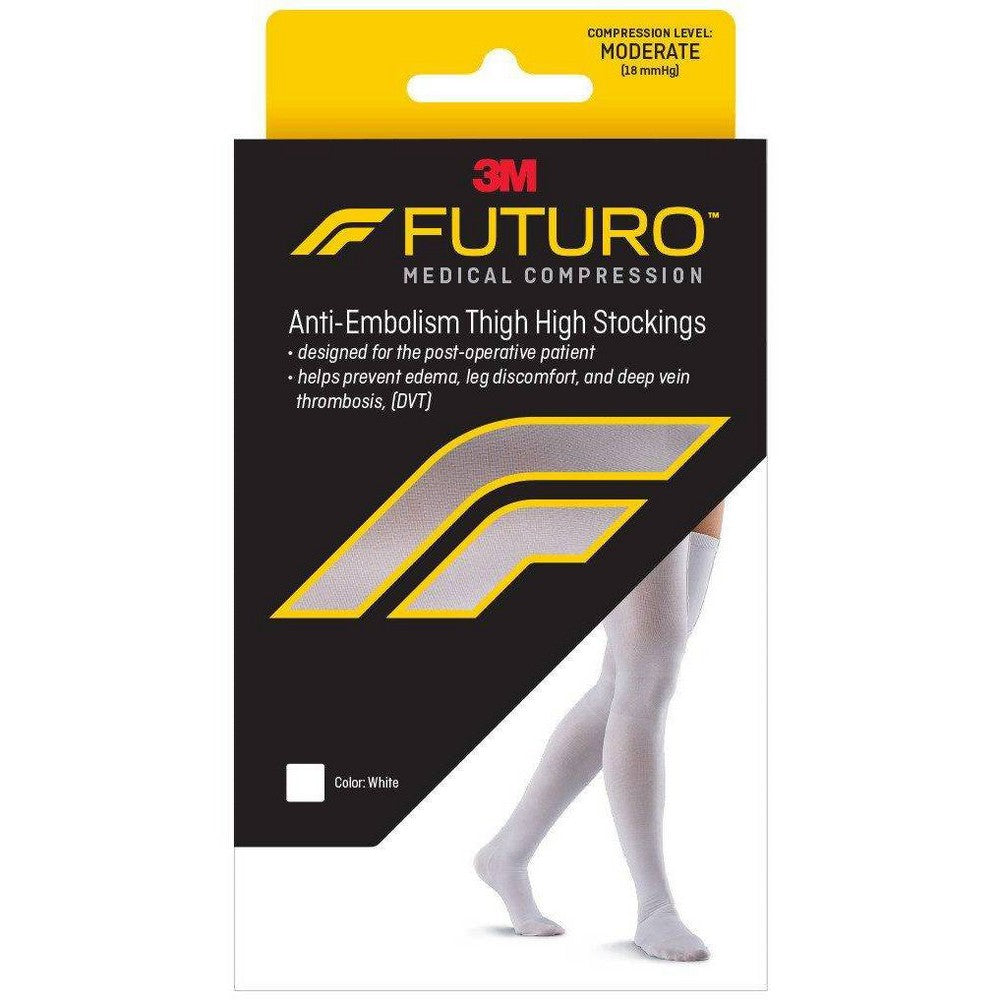 White Futuro anti-embolism thigh-length closed toe stockings for moderate large support, designed to improve circulation and prevent clots.
