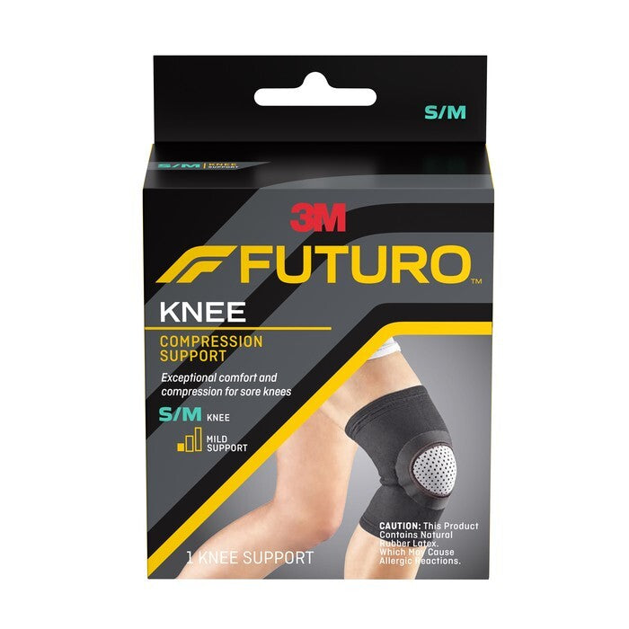 FUTURO breathable compression knee sleeve supports and braces for arthritis and sprains, size S/M, shown on a knee.