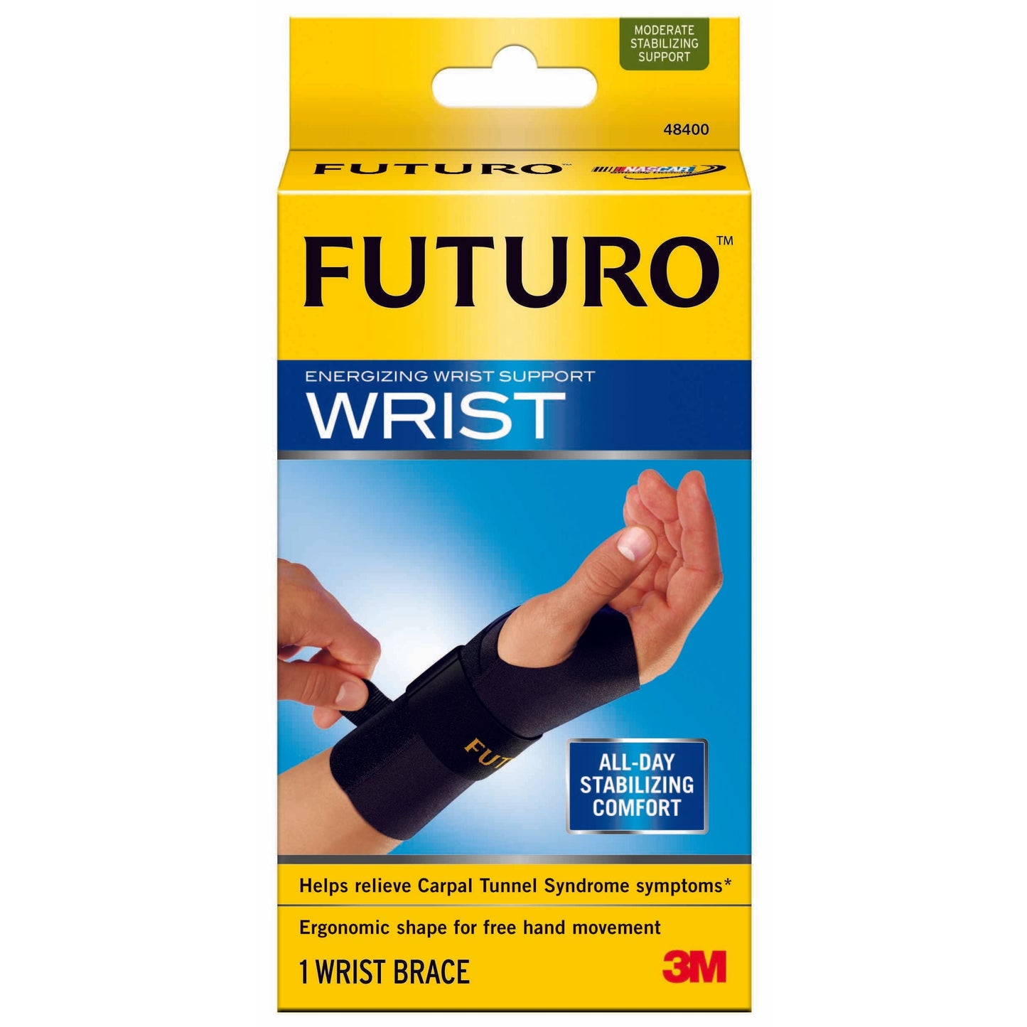FUTURO Energizing wrist support for left hand, large/X-large size, providing moderate stabilization and support for wrist injuries.