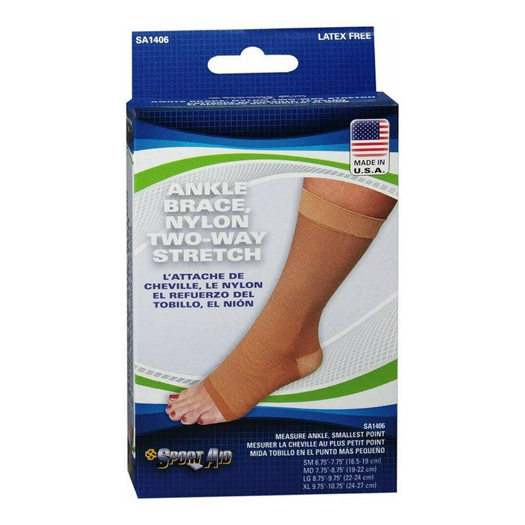 Large Sport Aid nylon slip-on ankle brace by Pasteur Pharmacy providing lightweight compression support for ankle stability and relief.