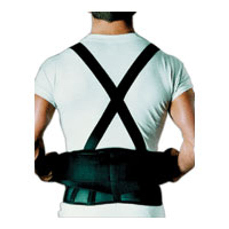 Black Sport Aid Back Belt with Suspenders by Pasteur Pharmacy, medium-large size, showing adjustable suspenders and supportive belt.