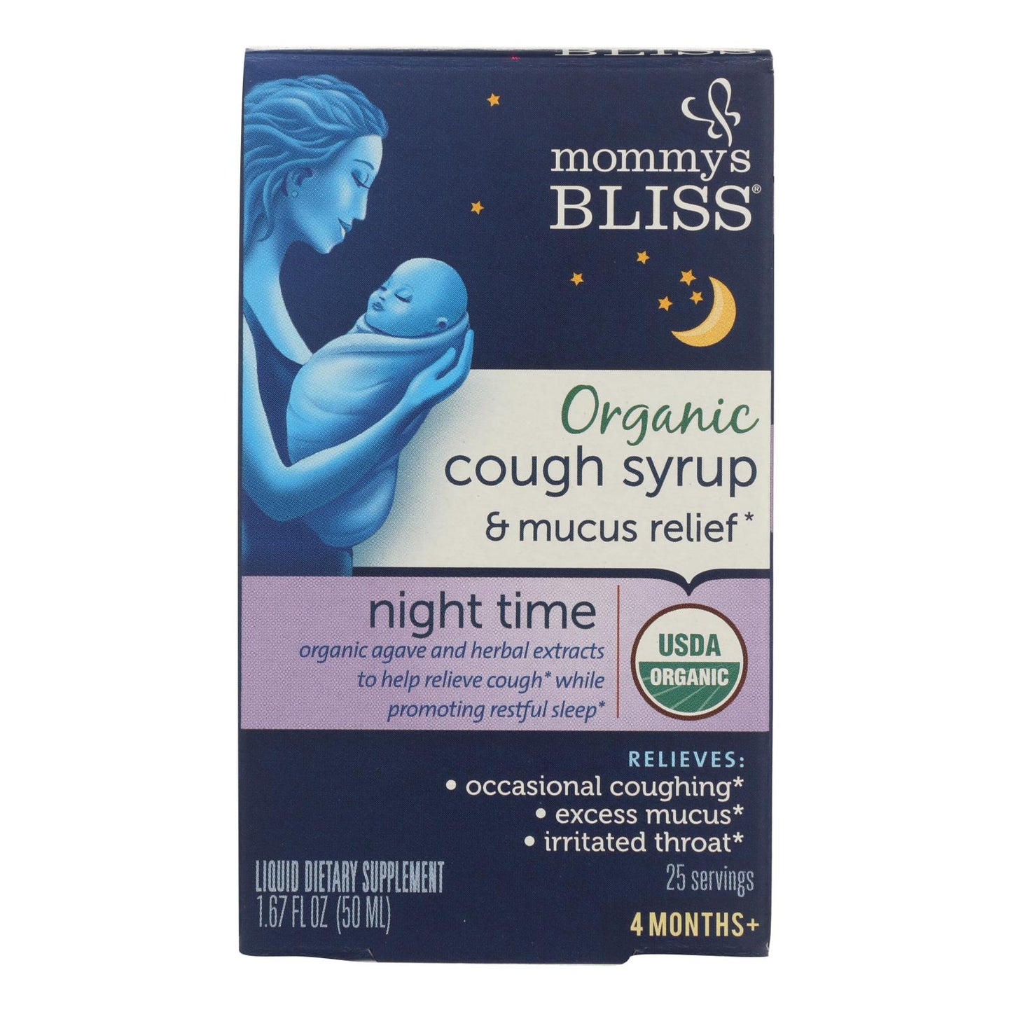 Mommy's Bliss Night Time Cough and Mucus Relief Syrup bottle from Pasteur Pharmacy, 1.67 fl oz, with the label visible.