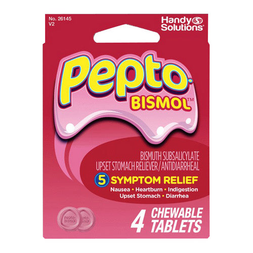 Pepto-Bismol Chew Tablets in a clear blister pack, showing small, oval, pink medication tablets for upset stomach relief.