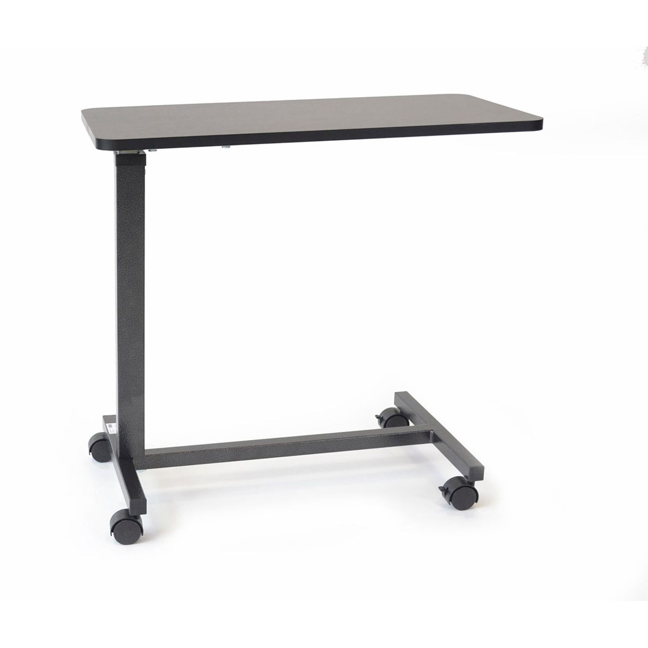 Roscoe Medical overbed table with non-tilt top, white metal frame and flat surface, ideal for bedside or hospital use