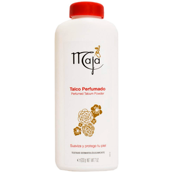 Maja Perfumed Talcum Powder by Pasteur Pharmacy in a 7-ounce container, with a soft, floral scent and smooth powder texture.