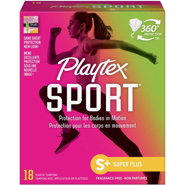 Playtex Sport plastic tampons in unscented super plus absorbency, shown in a blister pack, designed for active comfort and protection.
