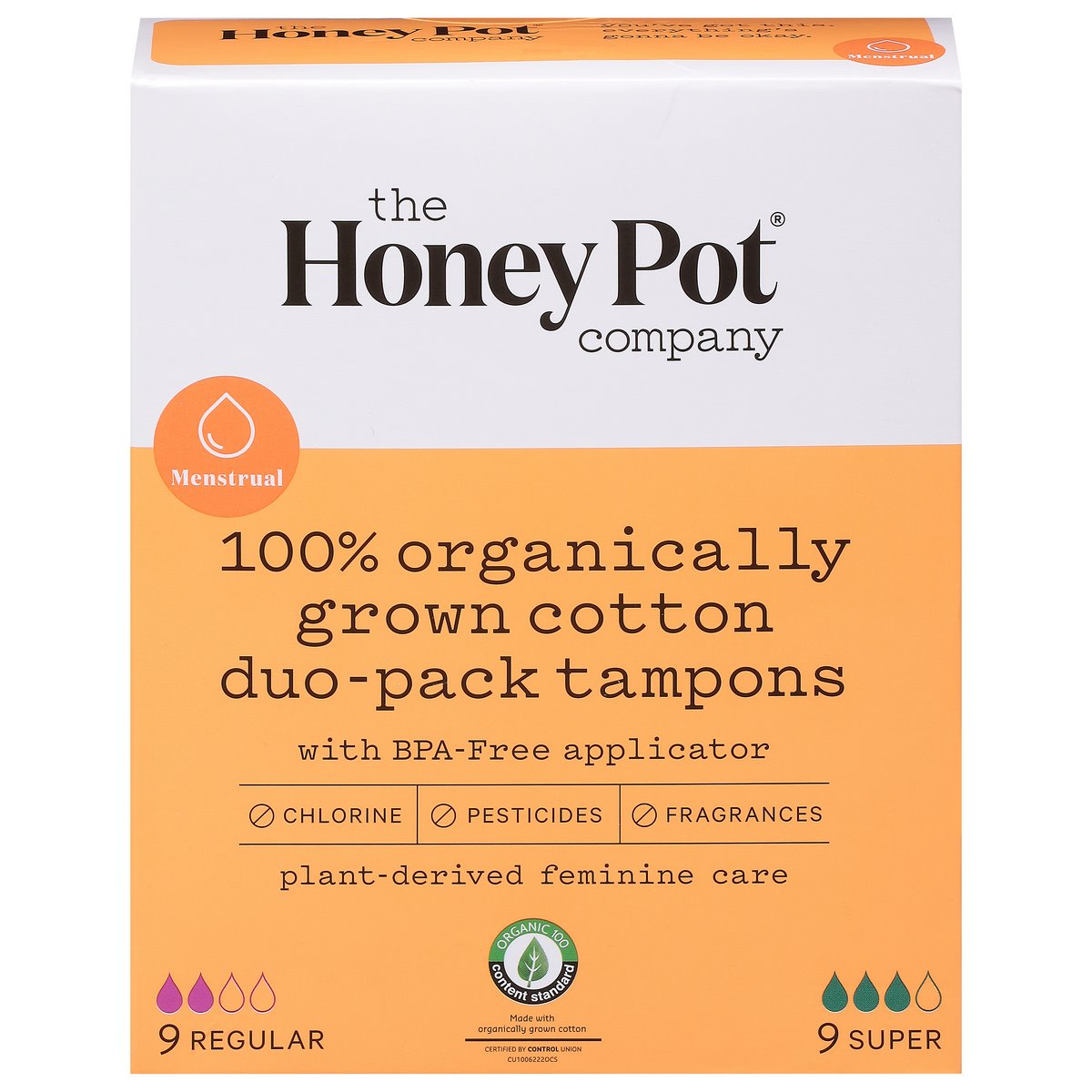 Regular and super absorbency tampon duo-pack by Pasteur Pharmacy, 18-count with individually wrapped tampons in a box.