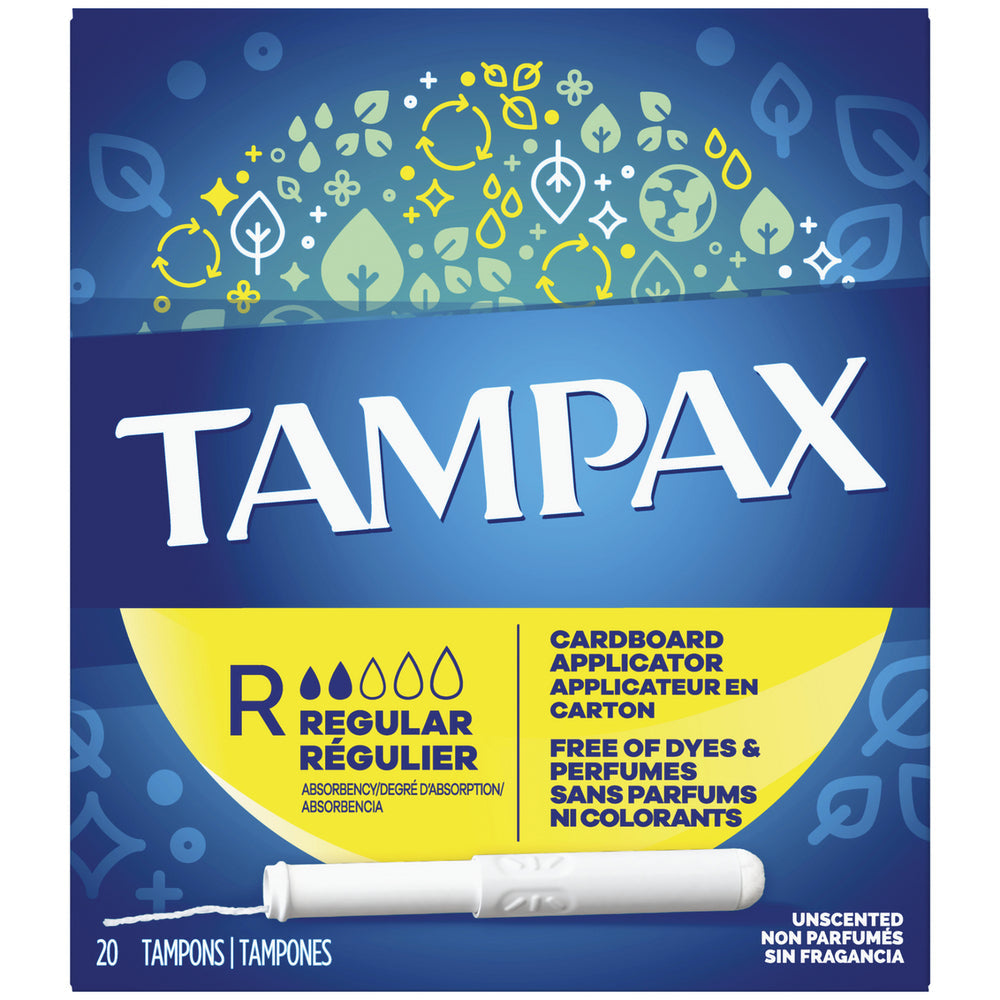 Tampax Cardboard Applicator Regular Absorbency Tampons by Pasteur Pharmacy, with paper applicator and tampon visible in the image.