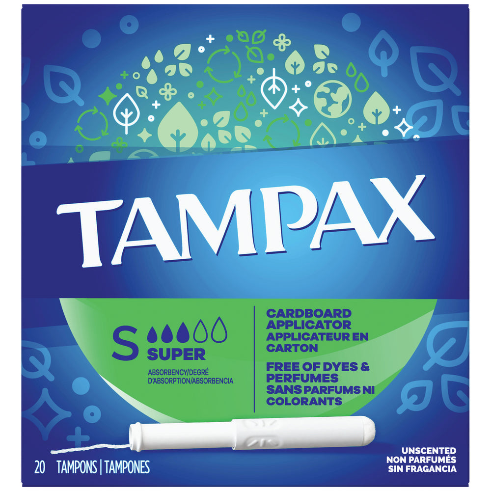 Tampax cardboard applicator super absorbency tampons with white cardboard applicator and tampons in packaging.
