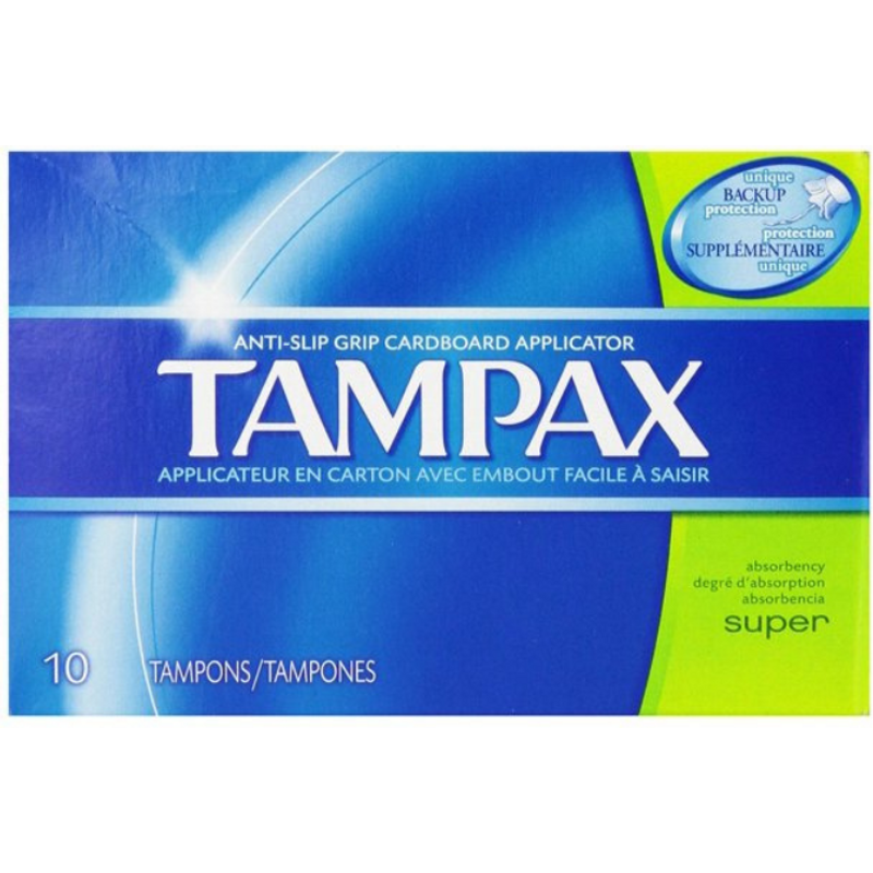 Pasteur Pharmacy Tampax cardboard applicator tampons with super absorbency, shown in packaging.