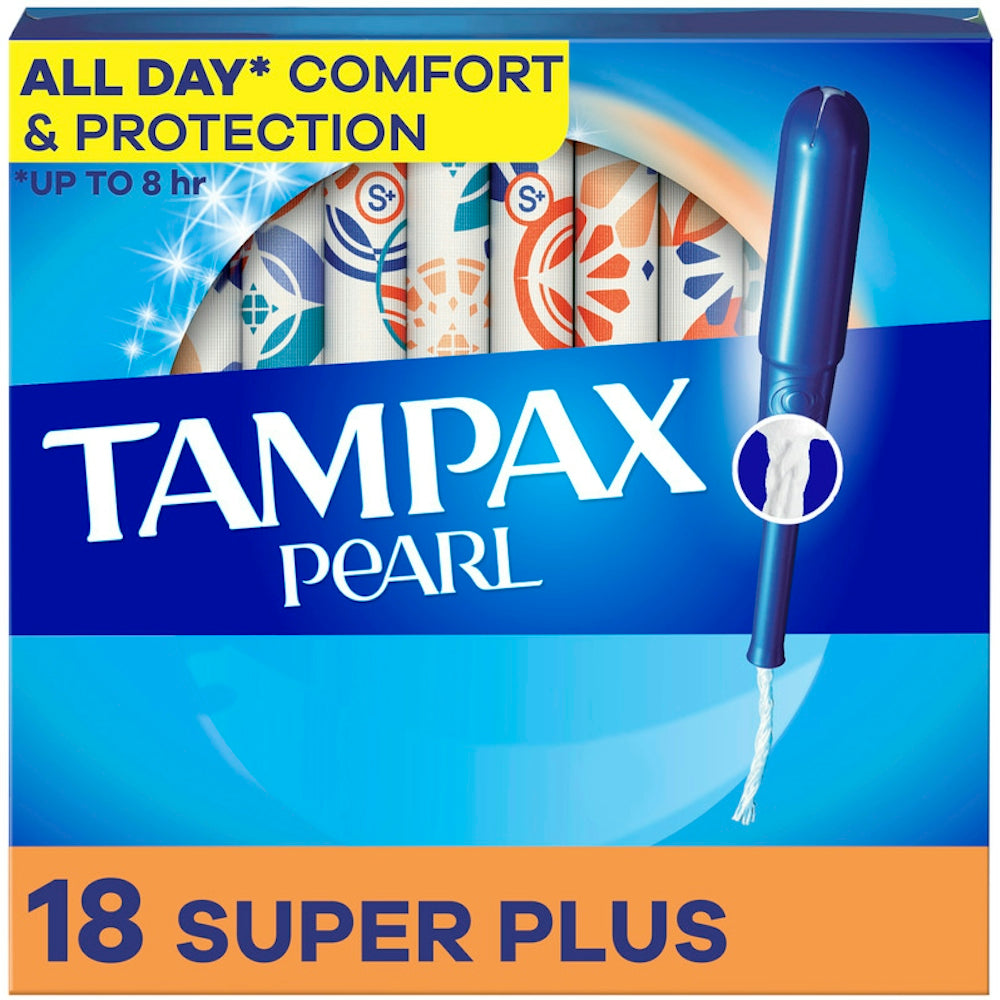 Tampax Pearl Plastic Super Plus Unscented Tampons in packaging, designed for reliable absorbency and comfort.