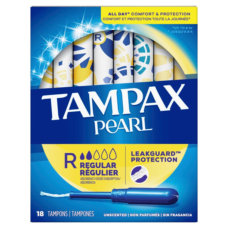 Tampax Pearl tampons with plastic applicator and regular absorbency, designed for comfortable, discreet feminine protection.