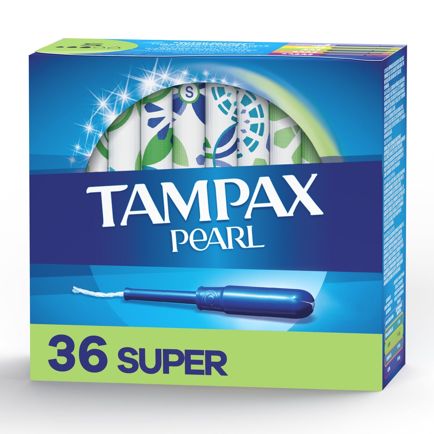 Unscented Tampax Pearl tampons with super absorbency and leak guard braid, displayed in a natural setting.