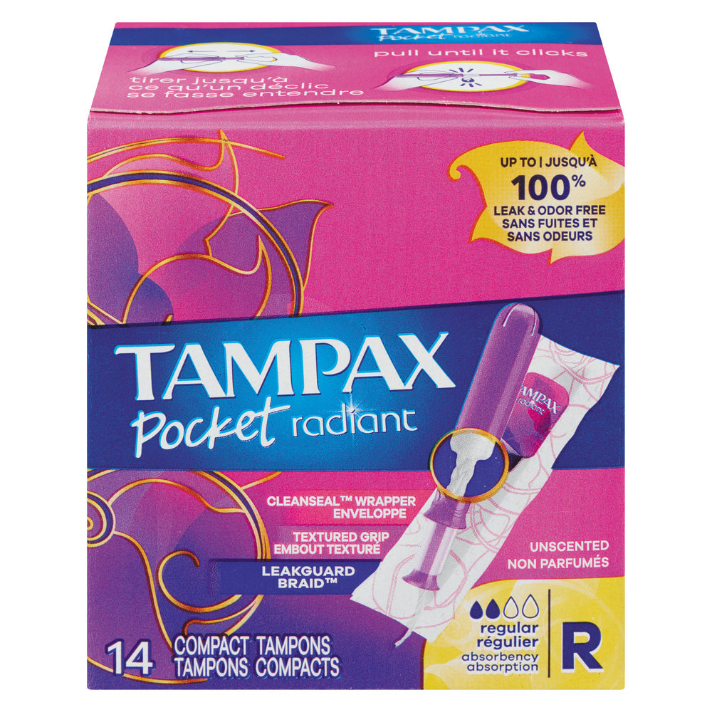 Tampax Pocket Radiant Compact Regular Tampons with BPA-free plastic applicator, LeakGuard braid, unscented, from Pasteur Pharmacy