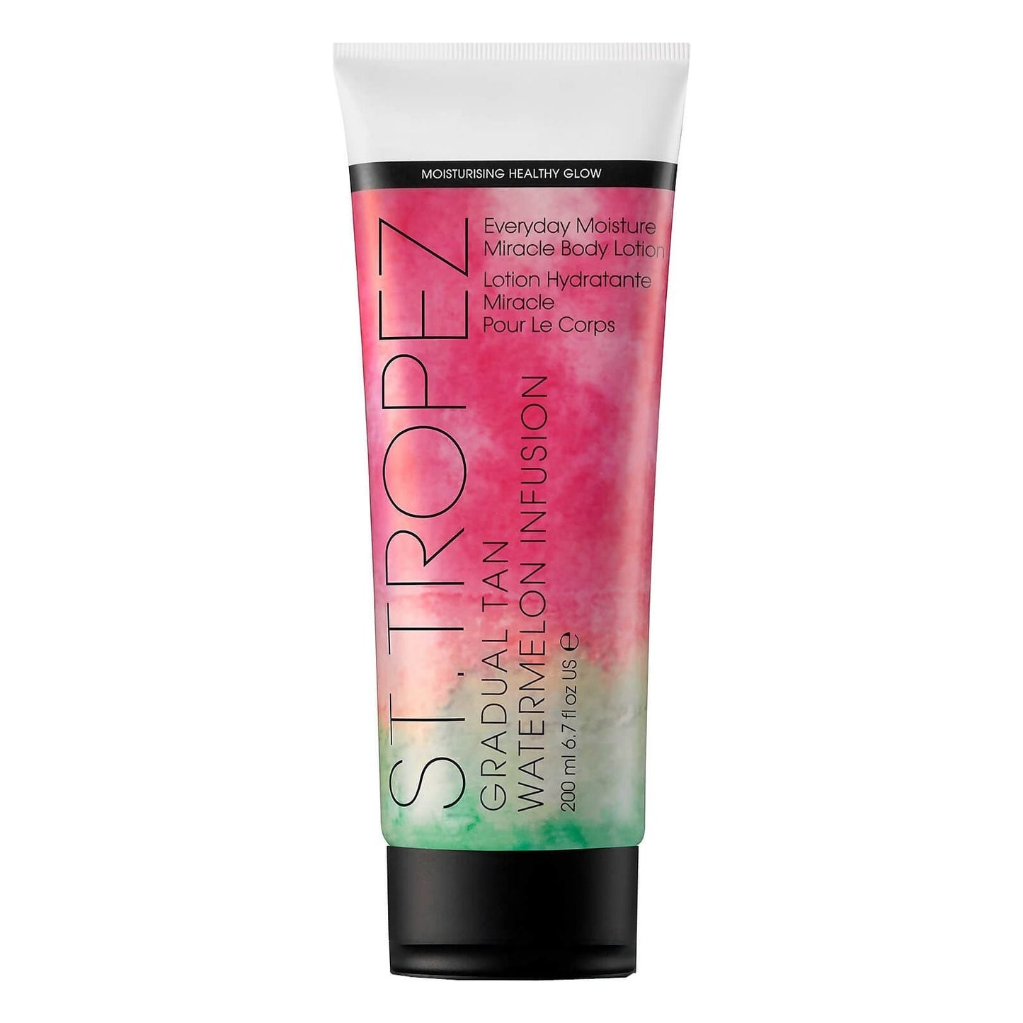 St. Tropez Watermelon Infusion Tanning Lotion by Pasteur Pharmacy, 6.7 oz, with a smooth, moisturizing tan lotion texture.