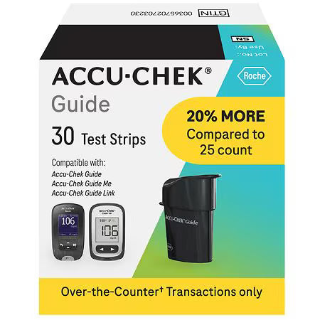 Accu-Chek Guide Test Strips by Pasteur Pharmacy, 30 count, used for blood glucose testing, shown in a box with strips ready for use.