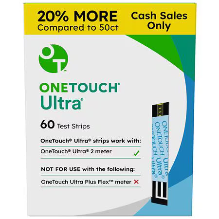 Pasteur Pharmacy OneTouch Ultra test strips in two vials of 30, used for blood glucose testing with the OneTouch Ultra device.