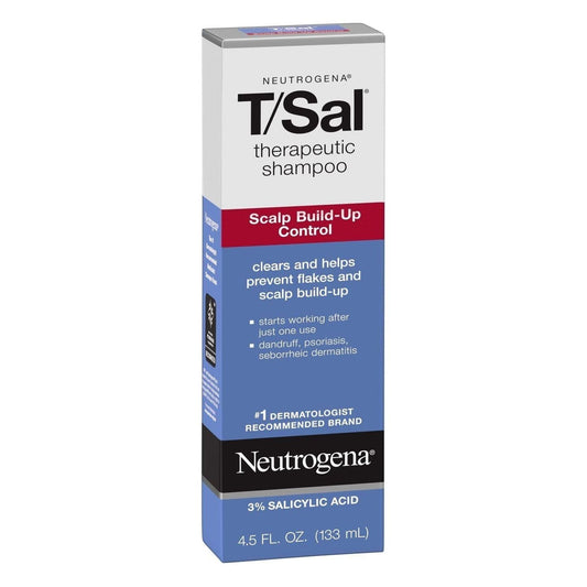 Neutrogena T/Sal Scalp Build-Up Control Therapeutic Shampoo in 4.5 fl oz bottle, designed for scalp cleansing and build-up control.