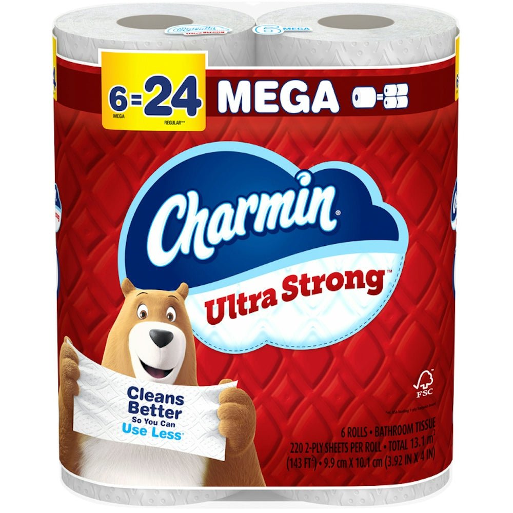 Charmin Ultra Strong Toilet Paper on 6 Mega Rolls, 24 Regular Rolls, soft and durable bathroom tissue from Pasteur Pharmacy.