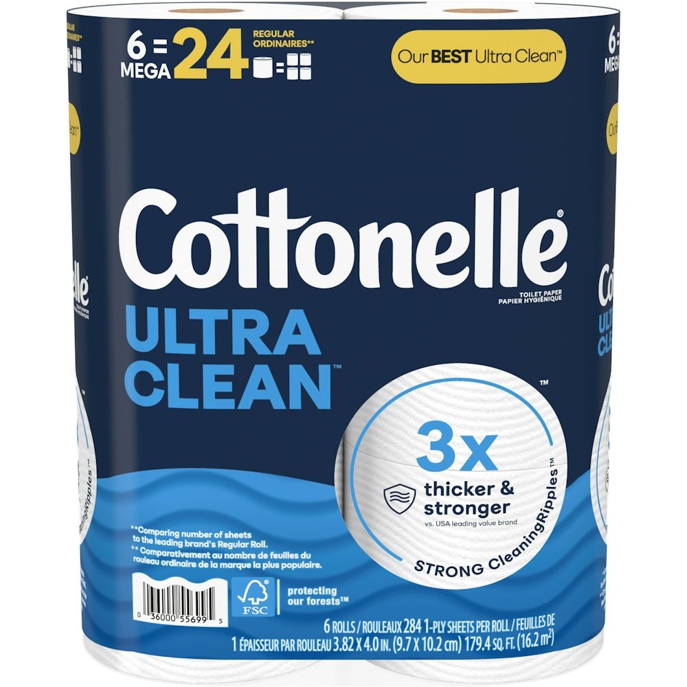 Cottonelle Ultra Clean toilet paper 6 Mega Rolls, soft and strong bathroom tissue from Pasteur Pharmacy.