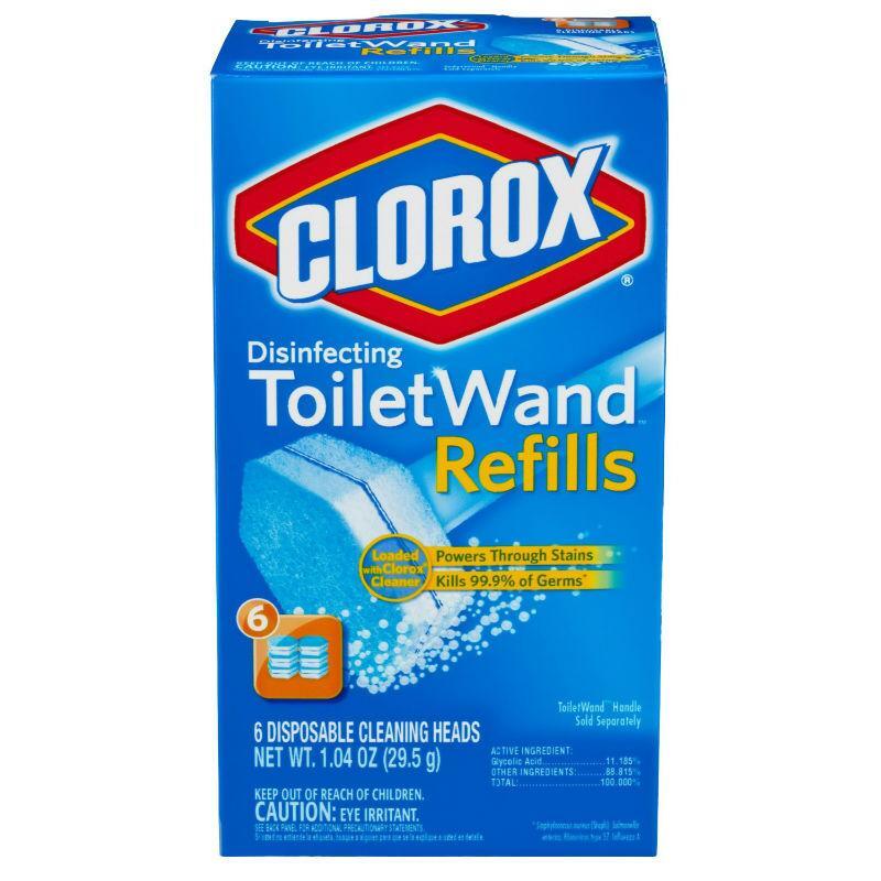 Clorox ToiletWand disinfecting refill heads attached to a disposable wand for cleaning toilets.
