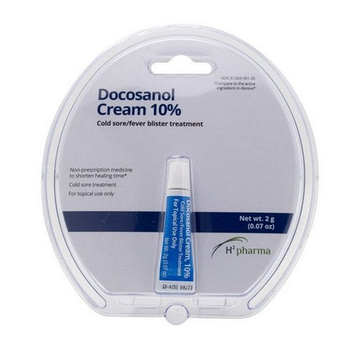 Taro Docosanol 10% Cream in 2-gram tube, used for cold sore treatment, displayed with packaging on a white background.