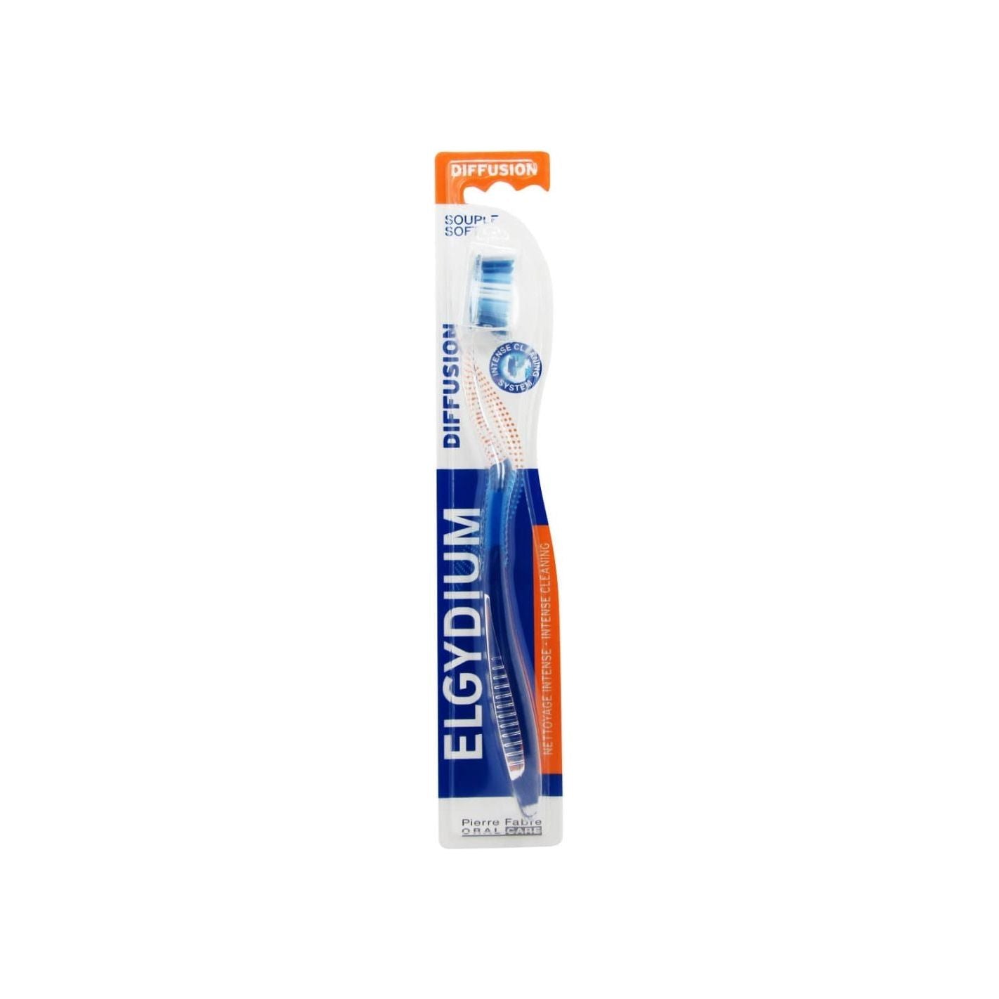 Elgydium Diffusion Medium Toothbrush by Pasteur Pharmacy with blue and white handle, designed for effective oral cleaning.