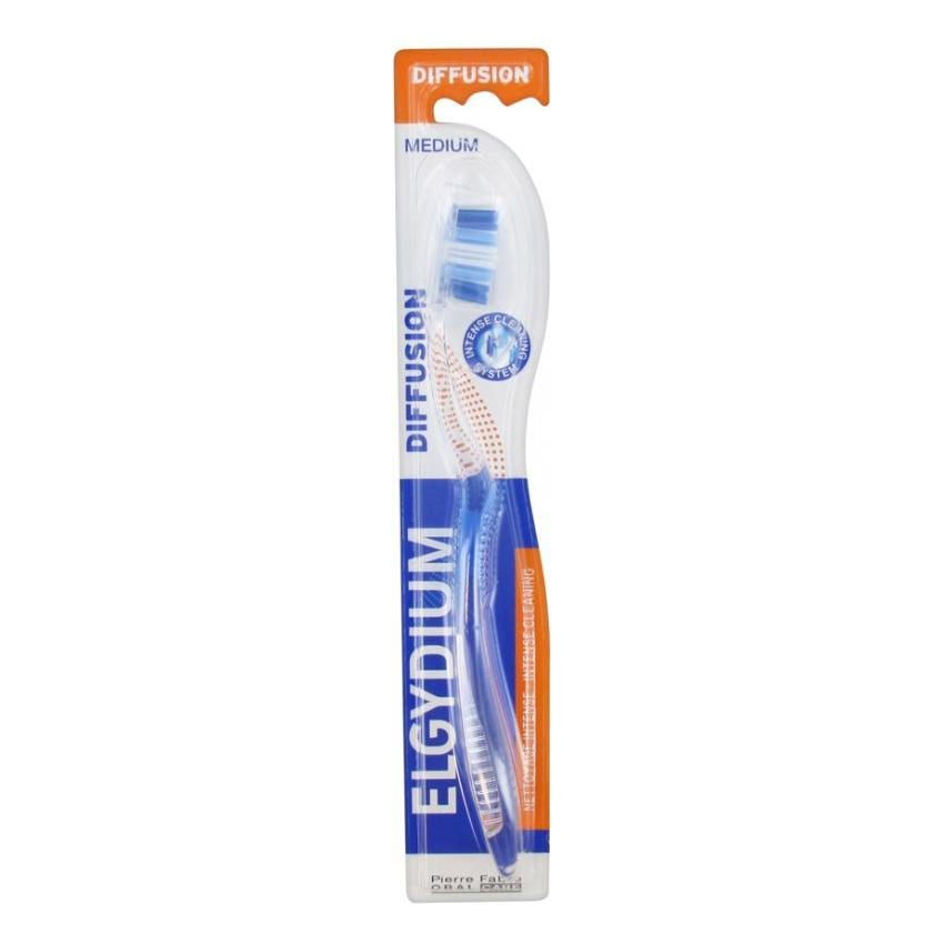 Blue Elgydium Difusion Medium Toothbrush by Pasteur Pharmacy with ergonomic handle and soft bristles for effective cleaning.